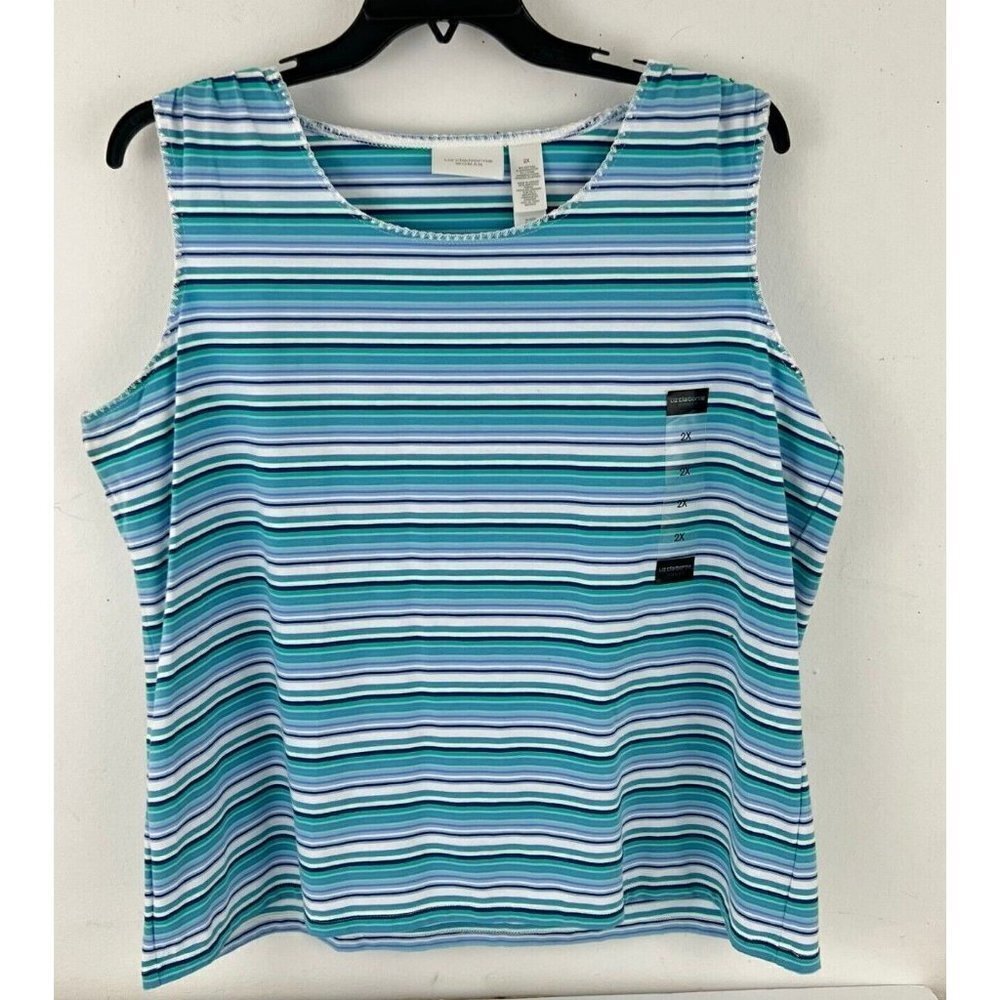 Liz Claiborne Womans Tank Top‎ Blue Green Striped Stretch 2X